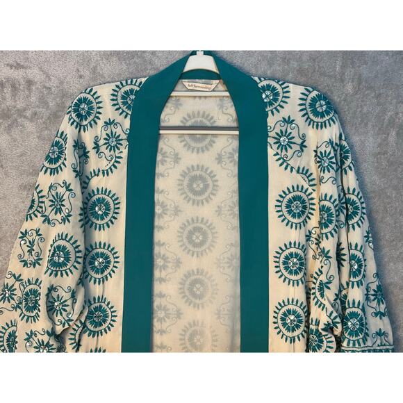 Soft Surroundings Kimono L/XL Turquoise Embroidered Sequined Floral Boho - Picture 3 of 8